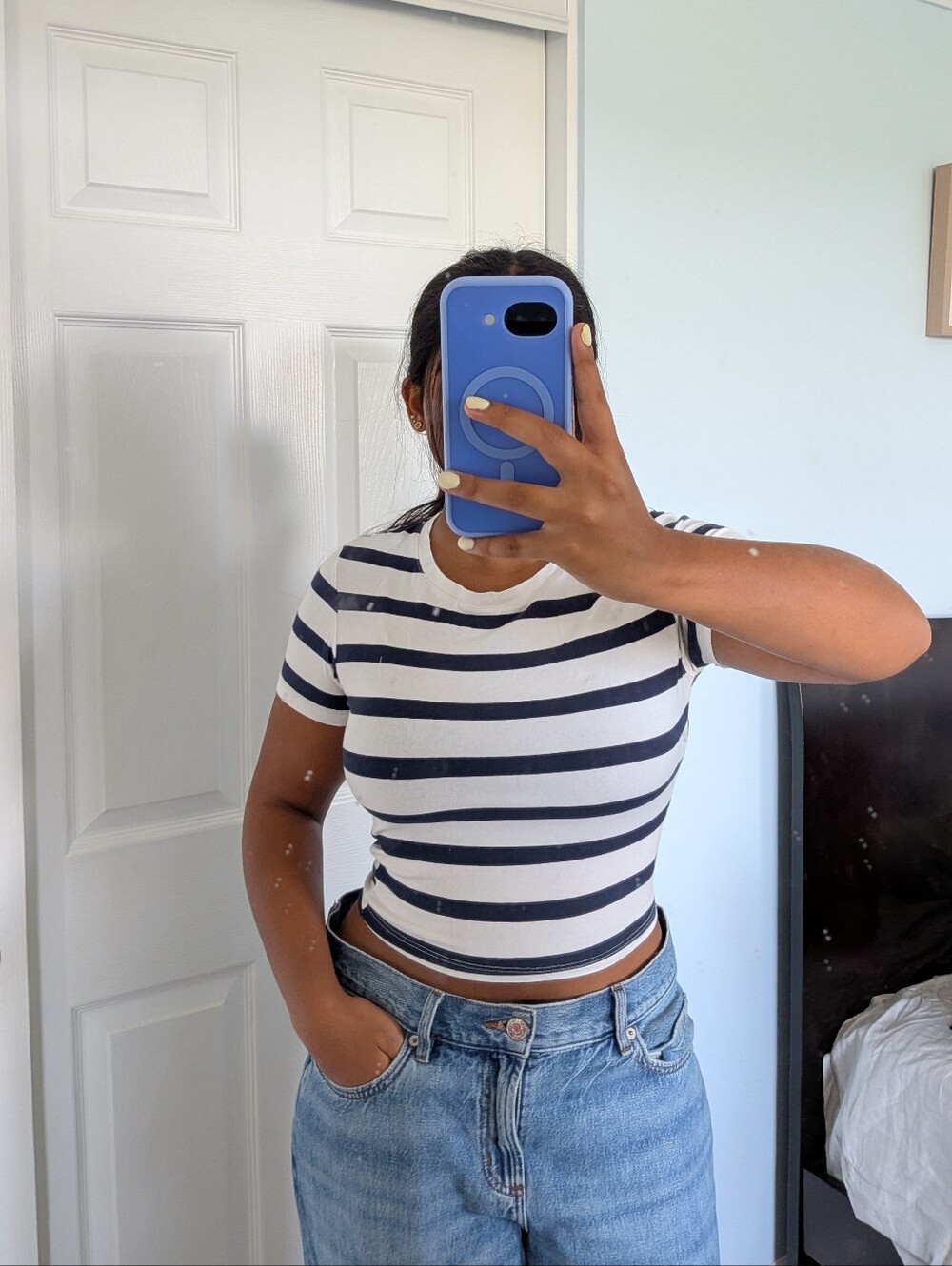 Striped Short-Sleeve Crop Top - Navy & White